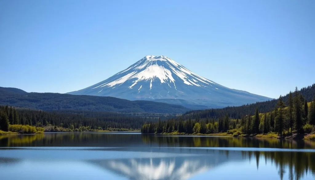 Lanin Volcano with its snow-capped peak reflected in a lake