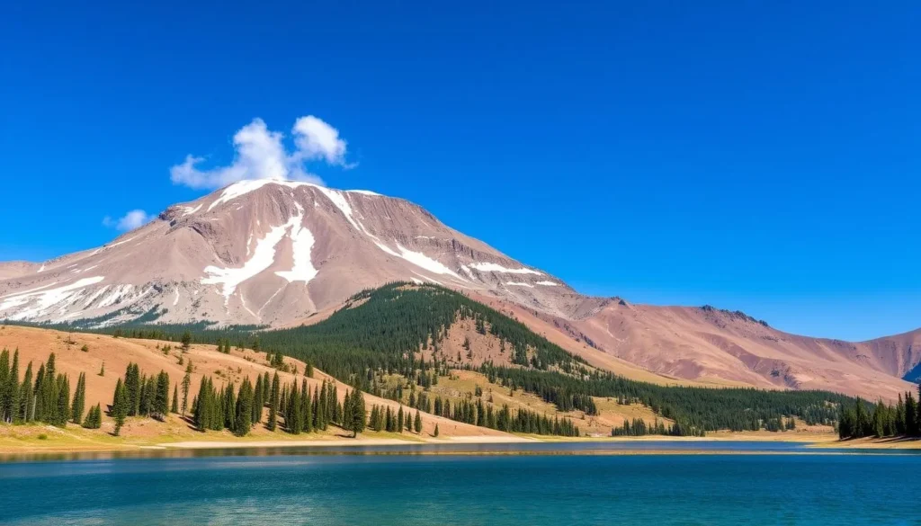 Lassen Peak in Lassen Volcanic National Park with steam vents visible and snow-capped mountains Lassen Peak in Lassen Volcanic National Park with steam vents visible and snow-capped mountains