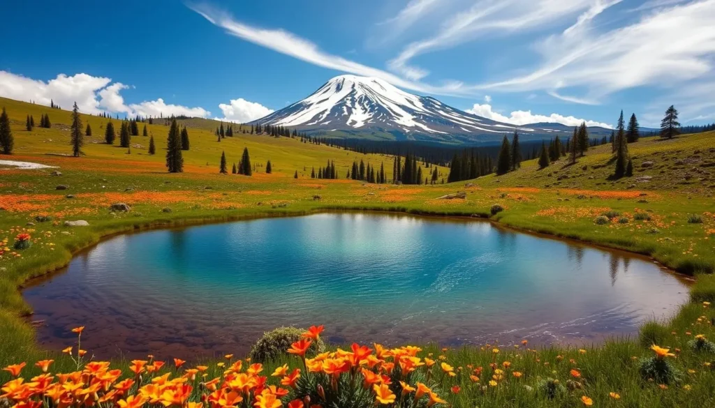 Lassen Volcanic National Park in the vibrant summer season. A stunning vista of the snow-capped Lassen Peak, surrounded by lush meadows ablaze with wildflowers. In the foreground, a tranquil alpine lake reflects the majestic mountain, its crystal-clear waters shimmering under the warm sun. Wispy clouds drift overhead, casting gentle shadows on the landscape. The scene conveys a sense of serene beauty, inviting the viewer to explore the park's diverse terrain and natural wonders. Captured with a wide-angle lens to showcase the grandeur of this remarkable volcanic landscape.