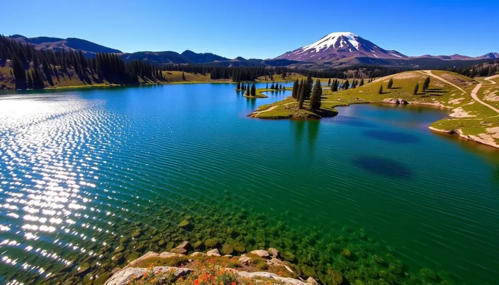 Lassen Volcanic National Park lakes, nestled amidst the rugged Cascade Range in California. Serene alpine waters, their surfaces reflecting the majestic peaks and lush evergreen forests surrounding them. Sunlight dances across the rippling surfaces, illuminating the clear, turquoise hues. In the foreground, a pristine lake with gently sloping shores, dotted with vibrant wildflowers. The middle ground features a picturesque trail winding through the verdant landscape, leading towards additional lakes in the distance. The background showcases the iconic Lassen Peak, its volcanic slopes dusted with a light coating of snow. A tranquil, yet awe-inspiring scene, capturing the natural beauty of this remarkable National Park.