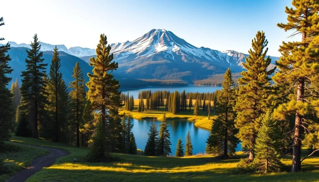 Lassen Volcanic National Park landscape, a majestic tableau of snow-capped peaks, azure lakes, and verdant meadows. In the foreground, a winding trail leads through a forest of towering pines, their branches casting a gentle dappled light. In the middle ground, a serene lake reflects the surrounding peaks, their rugged profiles etched against a clear, azure sky. The background features the iconic Lassen Peak, its volcanic cone rising majestically, bathed in warm, golden sunlight. Atmospheric haze lends a sense of depth and tranquility to the scene. Capture the awe-inspiring grandeur of this natural wonder, with a focus on the harmony between the elements of earth, water, and sky.