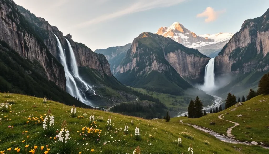 Lauterbrunnen Valley, nestled in the Swiss Alps, a breathtaking panorama of majestic waterfalls cascading down rugged cliffs. In the foreground, a serene meadow dotted with wildflowers, inviting hikers to explore. The middle ground features the iconic Staubbach Falls, its thunderous flow contrasting with the tranquil mountain stream. In the distance, the mighty Jungfrau peak stands tall, its snow-capped summit illuminated by warm, golden sunlight. Capture the essence of this natural wonder, a harmonious symphony of earth, water, and sky, through the lens of a wide-angle DSLR camera, evoking a sense of awe and wonder in the viewer.
