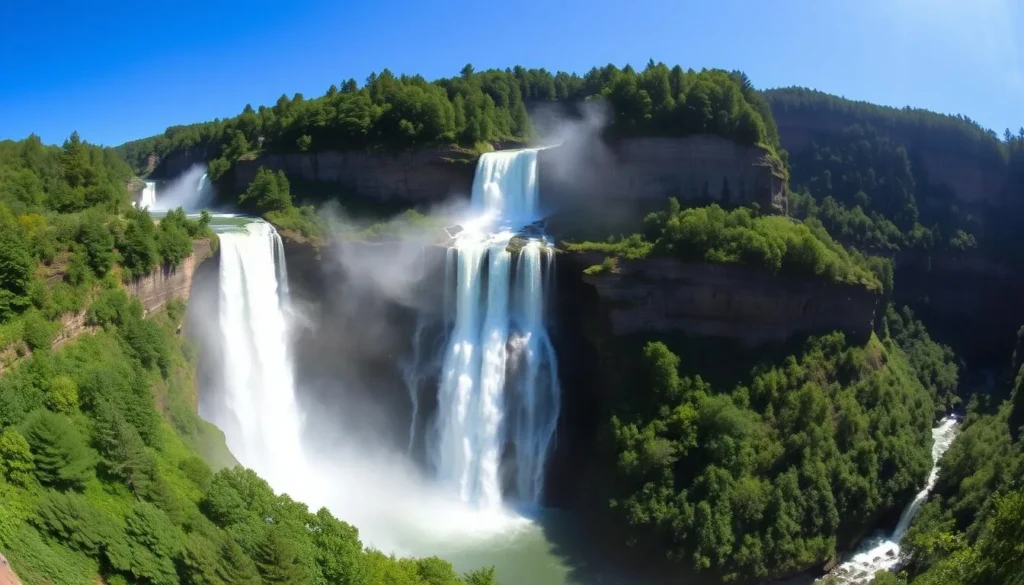 Letchworth State Park waterfall in Genesee County New York with dramatic gorge walls and lush forest Letchworth State Park waterfall in Genesee County New York with dramatic gorge walls and lush forest