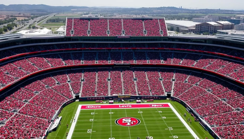Levi's Stadium in Santa Clara County during a San Francisco 49ers game with packed stands Levi's Stadium in Santa Clara County during a San Francisco 49ers game with packed stands
