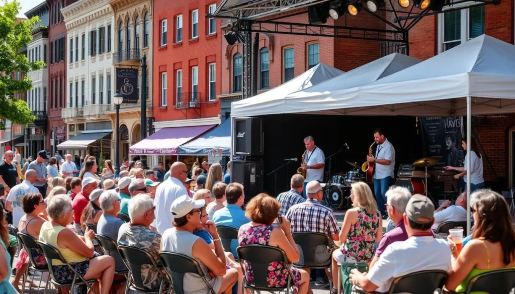 Lewiston Jazz Festival with outdoor performances and crowds enjoying music in Niagara County, New York Lewiston Jazz Festival with outdoor performances and crowds enjoying music in Niagara County, New York