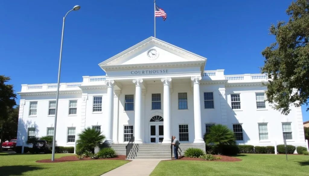 Liberty County Courthouse in Bristol, Florida with American flag Liberty County Courthouse in Bristol, Florida with American flag