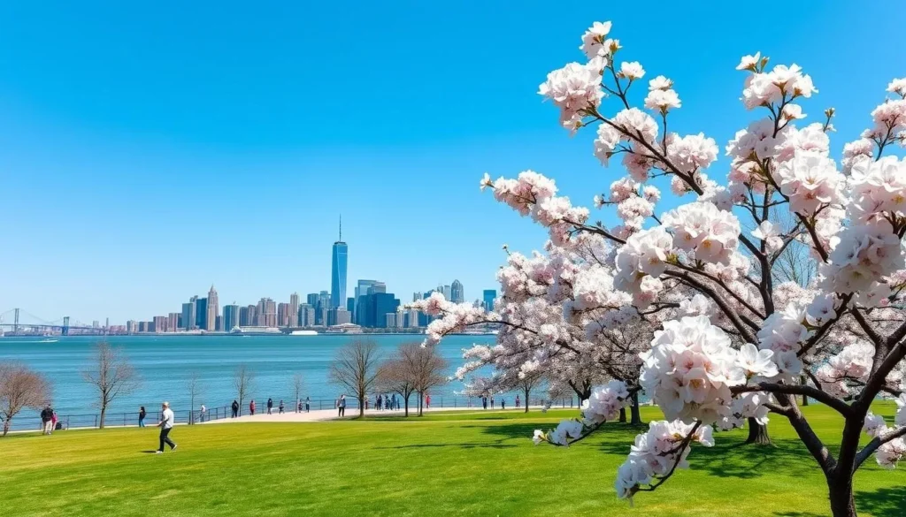 Liberty State Park in spring with cherry blossoms and Manhattan skyline Liberty State Park in spring with cherry blossoms and Manhattan skyline
