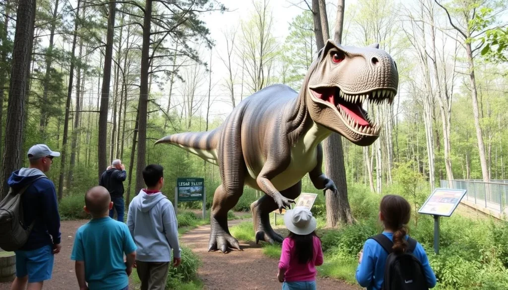 Life-sized animatronic dinosaur exhibit at Dino Roar Valley in Lake George Expedition Park, Warren County, NY Life-sized animatronic dinosaur exhibit at Dino Roar Valley in Lake George Expedition Park, Warren County, NY