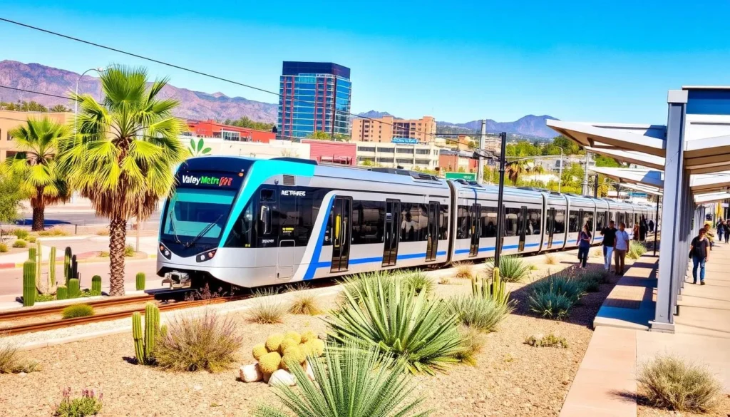 Light rail train in downtown Mesa with desert landscaping Light rail train in downtown Mesa with desert landscaping