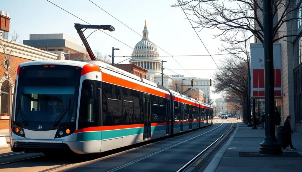 Light rail train in downtown Sacramento with State Capitol visible in background