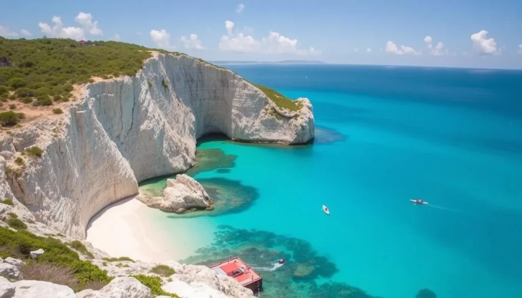 Limestone cliffs and calm waters at Crocus Bay near Shoal Bay Village