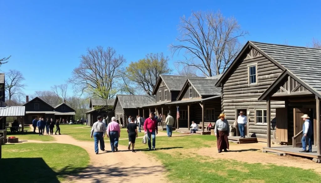Lincoln's New Salem State Historic Site with reconstructed log cabins Lincoln's New Salem State Historic Site with reconstructed log cabins