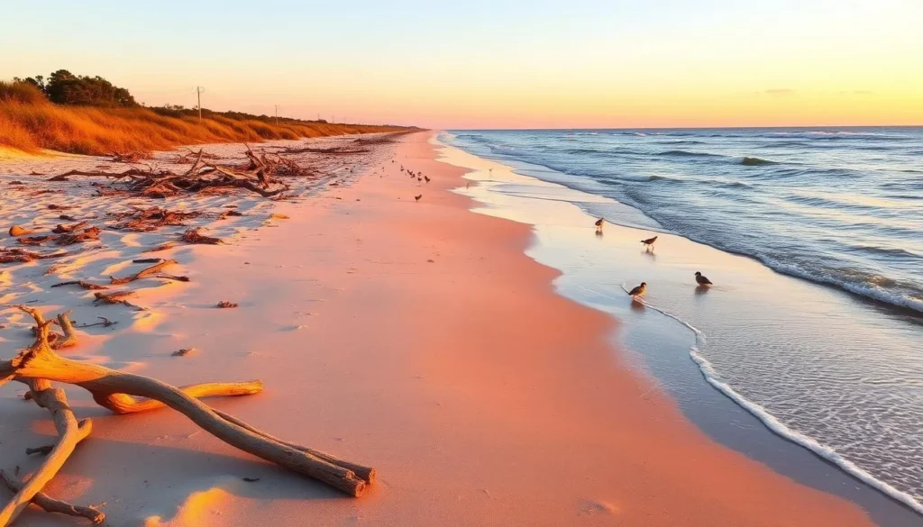 Little St. Simons Island beach during golden hour with shorebirds and pristine sand Little St. Simons Island beach during golden hour with shorebirds and pristine sand