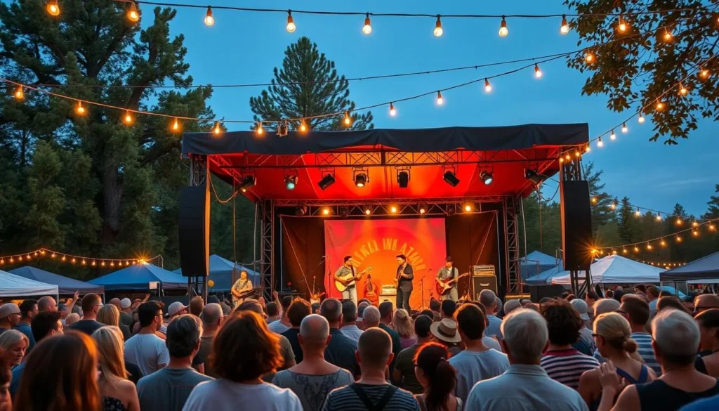 Live music performance at an outdoor festival in Nevada County with crowd enjoying the show Live music performance at an outdoor festival in Nevada County with crowd enjoying the show