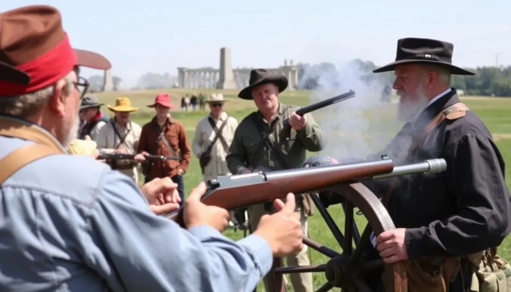 Living history demonstration at Antietam National Battlefield Maryland with reenactors in Civil War uniforms Living history demonstration at Antietam National Battlefield Maryland with reenactors in Civil War uniforms