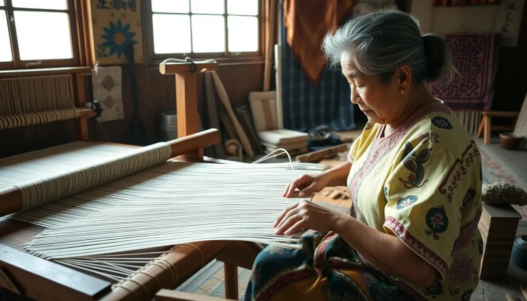 Local artisan demonstrating traditional Yonaguni weaving techniques Local artisan demonstrating traditional Yonaguni weaving techniques