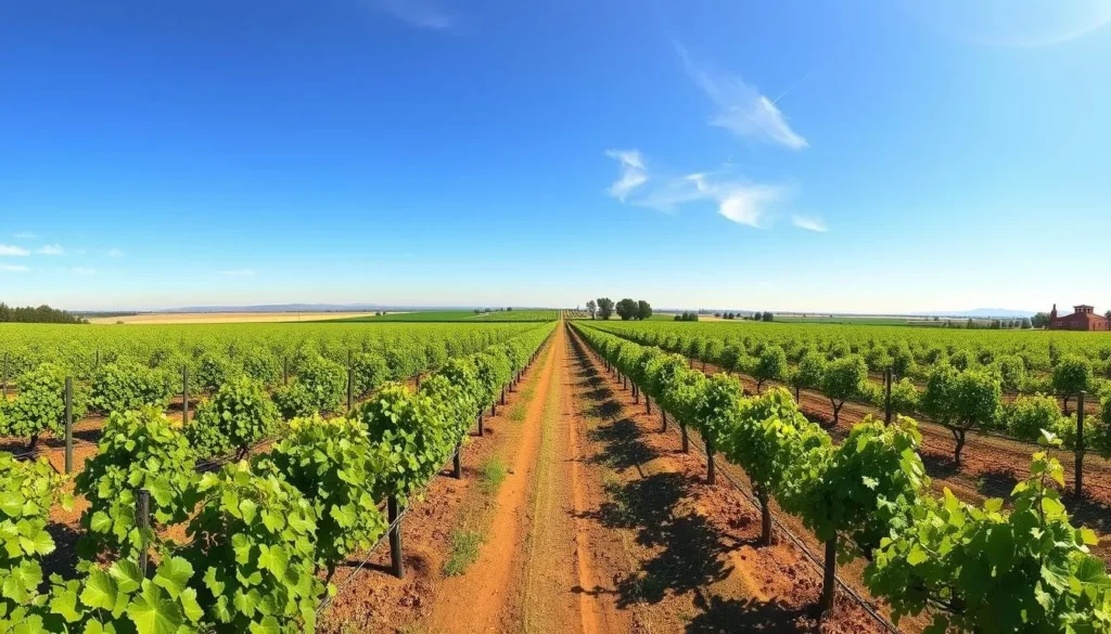 Lodi wine country vineyards with rows of grapevines stretching toward the horizon under blue skies Lodi wine country vineyards with rows of grapevines stretching toward the horizon under blue skies