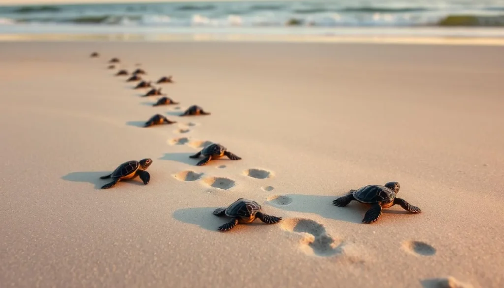 Loggerhead sea turtle hatchlings making their way to the ocean on Little St. Simons Island beach Loggerhead sea turtle hatchlings making their way to the ocean on Little St. Simons Island beach