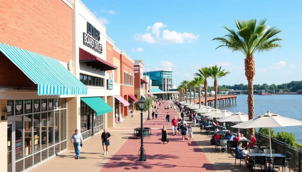 Louisiana Boardwalk Outlets in Shreveport with shops, restaurants, and the Red River in the background Louisiana Boardwalk Outlets in Shreveport with shops, restaurants, and the Red River in the background