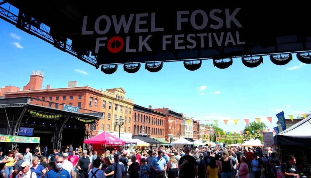 Lowell Folk Festival showing diverse cultural performances and food vendors Lowell Folk Festival showing diverse cultural performances and food vendors