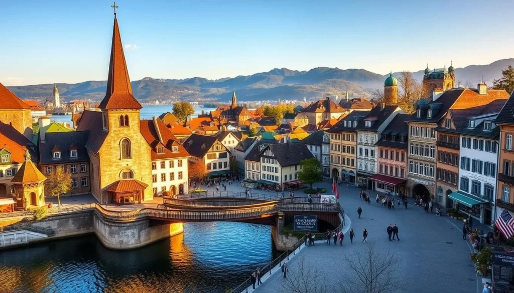 Lucerne's charming old town nestled along the idyllic Lake Lucerne, with its medieval architecture, quaint cobblestone streets, and colorful facades bathed in warm, golden afternoon light. Capture the iconic Kapellbrücke wooden bridge and the Jesuit Church in the foreground, surrounded by the stately townhouses and shops of the historic district. In the middle ground, people stroll leisurely, enjoying the picturesque scenery and lively atmosphere. The distant mountains rise majestically in the background, creating a serene and picturesque landscape. Render the scene with a high-resolution, realistic style, using a wide-angle lens to showcase the full breadth of this charming Swiss town.