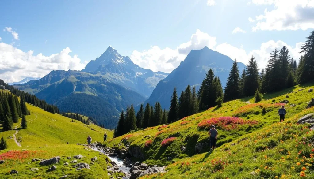 Lush alpine meadows wind through towering peaks, dotted with vibrant wildflowers. Hikers traverse rugged trails that weave between dense evergreen forests and crystal-clear mountain streams. Sunlight filters through the canopy, casting a warm glow over the scene. In the distance, the iconic Eiger mountain rises majestically, its jagged silhouette framed by fluffy clouds. Capture the essence of Grindelwald's stunning natural beauty, highlighting the picturesque hiking trails that wind through this breathtaking Swiss landscape.