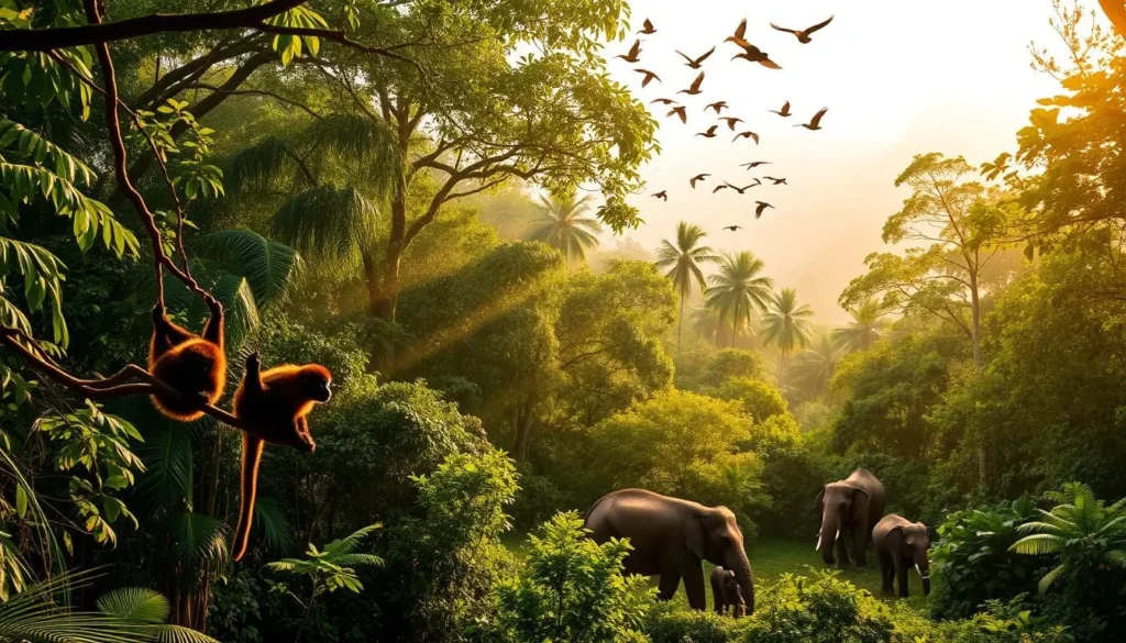 Lush canopy of ancient rainforest in the Cardamom Mountains, Cambodia. Shafts of warm sunlight pierce through the dense foliage, illuminating a diverse array of wildlife. In the foreground, a family of gibbons gracefully swing from branch to branch, their distinctive calls echoing through the verdant landscape. Overhead, a colorful flock of hornbills takes flight, their large beaks silhouetted against the bright sky. In the middle ground, a herd of Asiatic elephants gently grazes, their gentle movements creating a tranquil scene. The background fades into mist-shrouded peaks, hinting at the wild, untamed nature of this last remaining wilderness in Southeast Asia.