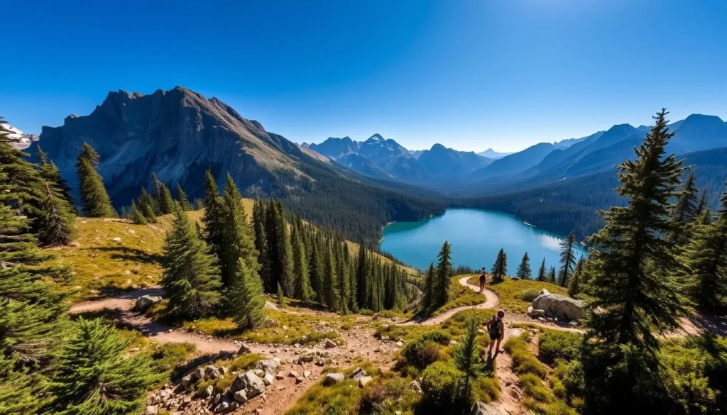 Lush evergreen forests surrounding a picturesque alpine lake, with sunlight filtering through the canopy and casting a warm glow over the rugged trails winding through the landscape. Hikers navigating the path, taking in the breathtaking vistas of granite peaks and reflective waters. The scene exudes a sense of peaceful tranquility, inviting exploration and adventure. Capture the serene beauty of this idyllic hiking destination, showcasing the natural splendor of Bowman Lake, California.