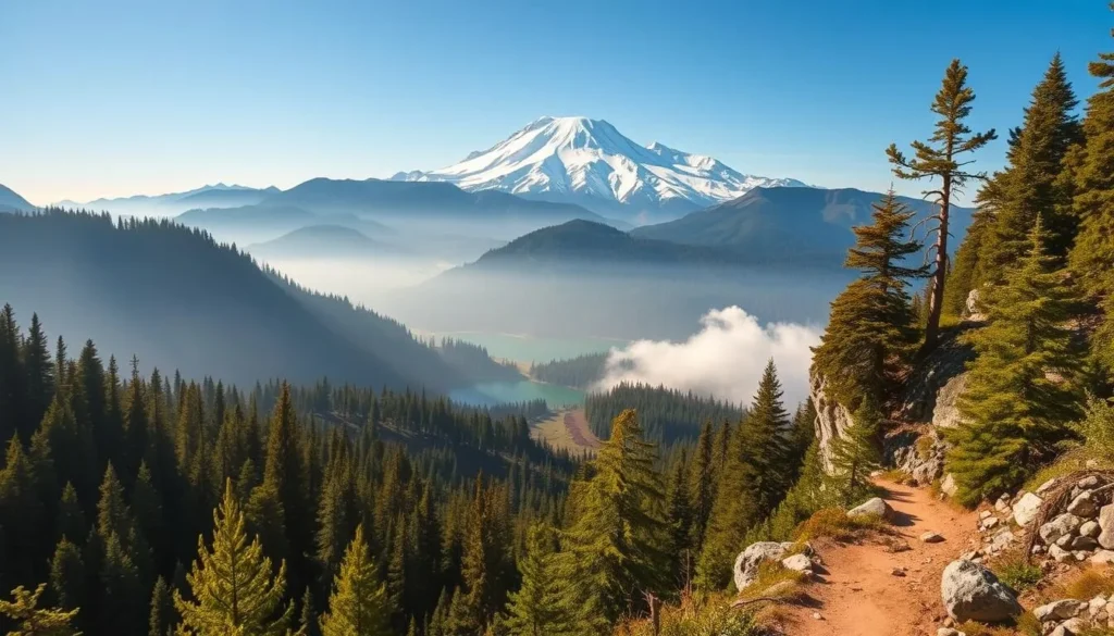 Lush evergreen forests, towering snow-capped peaks, and crystal-clear alpine lakes set the stage for a breathtaking landscape in the Shasta Cascade region of California. Capture the grandeur of Mt. Shasta, its majestic summit rising above the mist-shrouded valleys. Showcase the tranquil beauty of Burney Falls, its cascading waters framed by verdant foliage. In the foreground, include a picturesque hiking trail winding through the rugged terrain, inviting viewers to explore this natural wonder. Bathe the scene in warm, golden sunlight, casting a serene glow across the serene setting. Convey a sense of adventure and discovery, inviting the viewer to immerse themselves in the stunning Shasta Cascade wilderness.