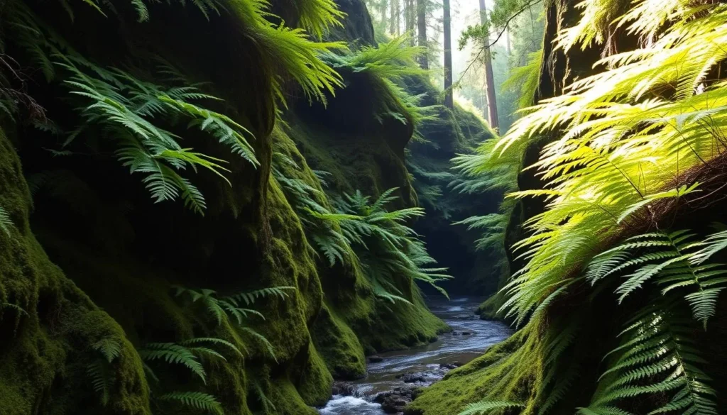 Lush green fern-covered walls of Fern Canyon in Prairie Creek Redwoods State Park Lush green fern-covered walls of Fern Canyon in Prairie Creek Redwoods State Park