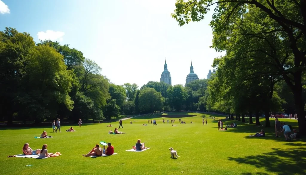 Lush green landscape of Prospect Park with Long Meadow and people relaxing on a sunny day Lush green landscape of Prospect Park with Long Meadow and people relaxing on a sunny day
