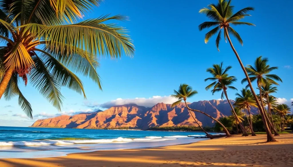 Lush green palm trees sway gently against a backdrop of azure sky, their fronds catching the warm autumn sunlight. A picturesque beach scene unfolds, with soft golden sand and gentle waves lapping at the shore. In the distance, rugged mountains rise, their peaks hued in shades of amber and ochre, reflecting the changing of the seasons. A serene and tranquil atmosphere pervades the scene, capturing the essence of Oahu's fall season.