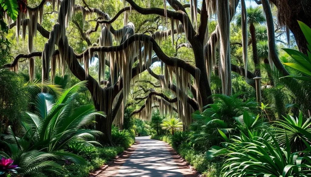Lush pathway through Jungle Gardens on Avery Island, Louisiana with Spanish moss Lush pathway through Jungle Gardens on Avery Island, Louisiana with Spanish moss