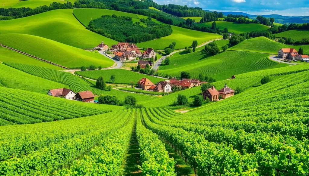 Lush rolling hills blanketed in orderly rows of vibrant green grapevines, bathed in the warm glow of the Alsatian sun. In the distance, quaint stone villages with terracotta-tiled roofs nestle amidst the verdant landscape. Winding country roads meander through the picturesque vineyards, inviting exploration. Capture the tranquil beauty and timeless charm of this iconic French wine region, showcasing the serene harmony between nature and human cultivation.
