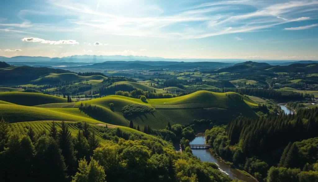 Lush rolling hills blanketed in verdant foliage, the Willamette Valley stretches out before you. A sun-dappled landscape of fertile farmland, orchards, and vineyards, framed by the majestic silhouettes of distant mountains. In the foreground, a winding river reflects the vibrant hues of the surrounding scenery. Rays of warm light filter through wispy clouds, casting a gentle glow over the idyllic pastoral scene. Capture the serene beauty and abundance of this picturesque Oregon region, a true garden paradise.