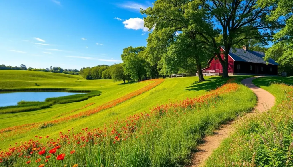 Lush rolling hills dotted with vibrant wildflowers, a serene pond reflecting the azure sky above. In the distance, a charming red barn stands proud, its weathered wood embracing the tranquil countryside. Dappled sunlight filters through the canopy of verdant trees, casting a warm glow over the scene. A winding path invites exploration, leading to hidden gems and natural wonders that epitomize the beauty of the "Garden State." Capture the essence of New Jersey's enchanting landscapes in a stunning, photorealistic landscape.