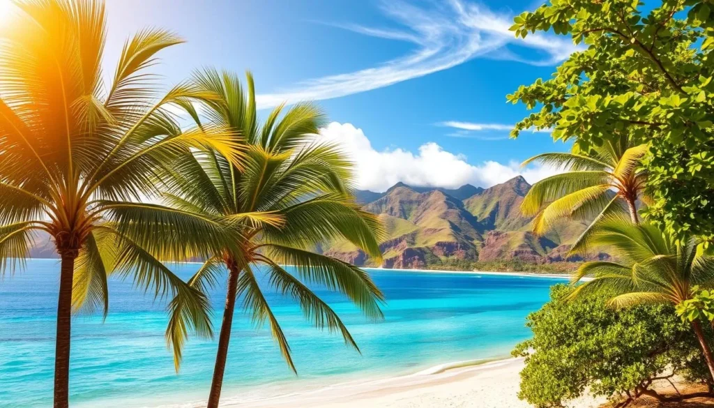 Lush tropical foliage adorns the rolling hills of Oahu, as the sun's golden rays illuminate the vibrant landscape. In the foreground, palm trees sway gently in the warm island breeze, casting delicate shadows on the pristine white-sand beaches below. The crystal-clear azure waters of the Pacific Ocean stretch out to the horizon, inviting visitors to bask in the idyllic setting. Wispy clouds drift across the sky, creating a serene and picturesque atmosphere. The entire scene emanates a sense of tranquility and natural beauty, perfectly capturing the year-round tropical climate that defines the allure of Oahu.
