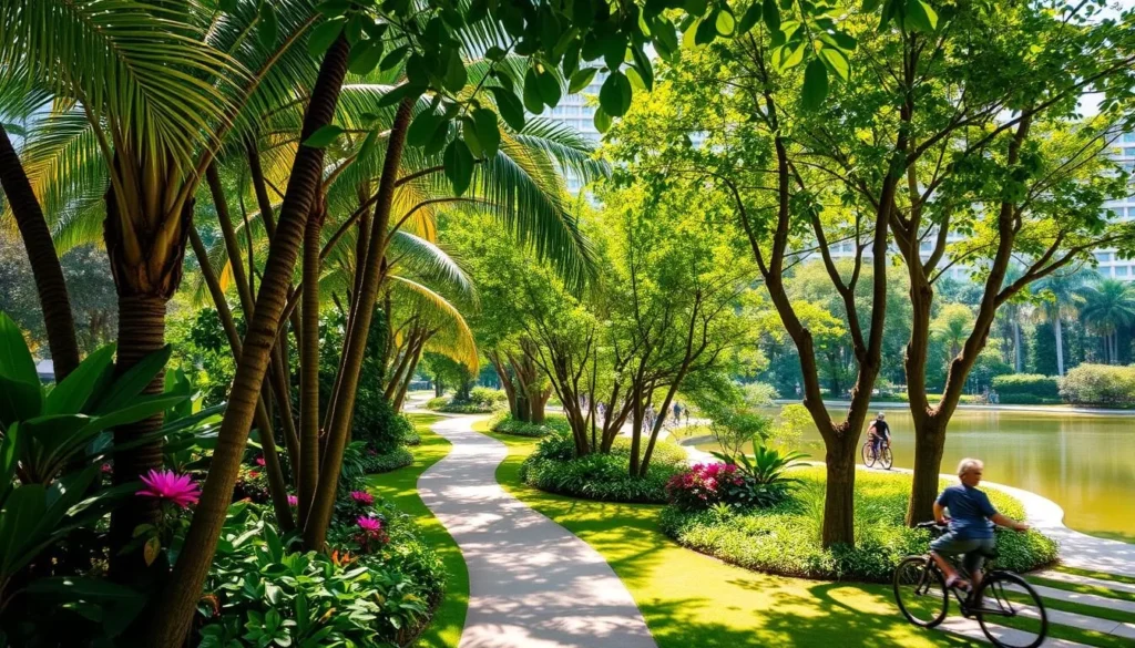 Lush tropical foliage, sun-dappled pathways winding through vibrant green spaces, tranquil ponds reflecting the surrounding trees. A serene scene in the heart of the bustling city, Singapore's renowned parks offer an oasis of calm. Capture the essence of these verdant retreats - towering palm trees, colorful blooms, and people leisurely strolling, relaxing on benches, or cycling along the trails. Employ a wide-angle lens to showcase the parks' expansive beauty, with soft, warm lighting illuminating the idyllic setting. Convey a sense of harmony between nature and urban life, where city dwellers find respite in these lush, picturesque sanctuaries.