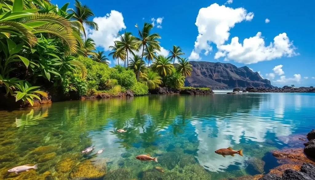 Lush tropical foliage surrounds a tranquil fishpond on Lopa Beach, Lanai, Hawaii. The pond's still, mirror-like surface reflects the vivid azure sky and fluffy white clouds above. Sun-dappled water gently laps against the natural stone walls, while a variety of native fish swim lazily through the crystal-clear depths. In the distance, volcanic cliffs rise up, capped with swaying palm trees. The serene, secluded atmosphere invites visitors to pause and take in the natural beauty of this hidden oasis.