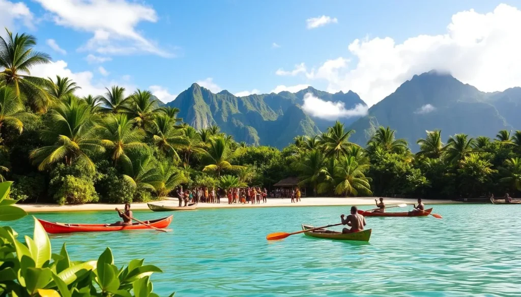 Lush tropical greenery surrounds a picturesque beach in the Solomon Islands. In the foreground, locals engage in traditional canoe paddling, their colorful outriggers gliding effortlessly across the calm, turquoise waters. In the middle ground, a group of villagers gather, showcasing handcrafted wares and cultural dances under the warm, golden sunlight. In the background, majestic mountains rise, their peaks shrouded in wispy clouds. The scene exudes a sense of tranquility and vibrant cultural authenticity, capturing the essence of the Solomon Islands' best activities on a weather-savvy day.