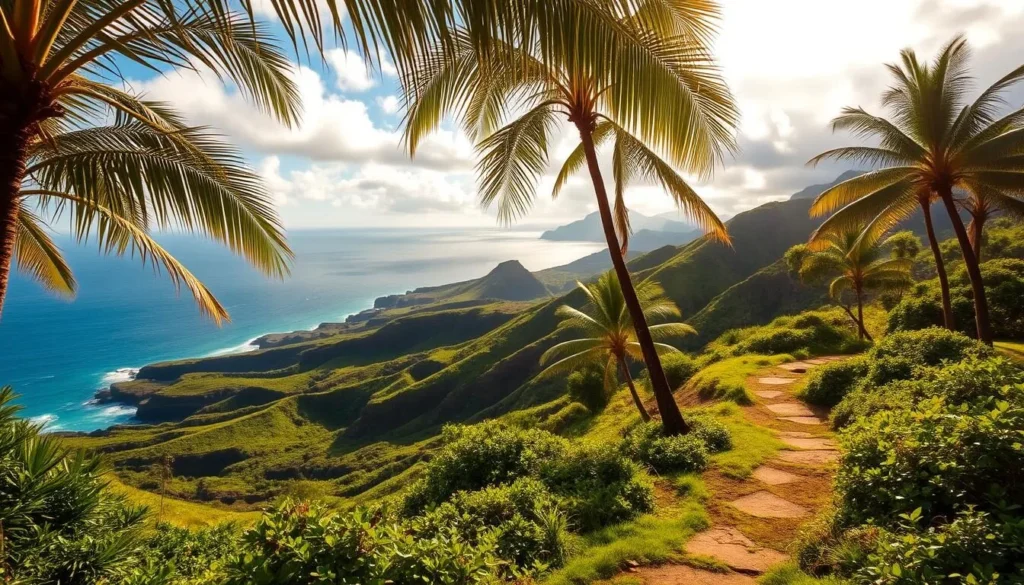 Lush tropical landscapes of Lanai, Hawaii, with rolling hills, winding trails, and stunning ocean vistas. In the foreground, a vibrant, verdant path leading through a canopy of swaying palm trees, their fronds gently rustling in the soft breeze. The middle ground reveals a panoramic view of rugged, rolling hills, their slopes covered in a tapestry of verdant foliage. In the distance, the shimmering azure waters of the Pacific Ocean stretch out to the horizon, its gentle waves lapping against the rocky coastline. Warm, golden sunlight filters through wispy clouds, casting a warm, inviting glow over the entire scene. Capture the essence of Lanai's natural beauty and the tranquility of the Koloiki Ridge Trail.