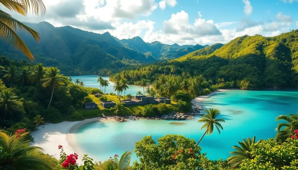 Lush tropical paradise of Huahine Island, French Polynesia. Turquoise lagoons, white sand beaches, and verdant rolling hills. Vibrant vegetation, towering coconut palms, and ancient stone ruins amidst the idyllic landscape. Warm, golden sunlight filters through the foliage, casting a serene glow. Capture the essence of a true Garden of Eden, a tranquil haven untouched by the modern world. Render this scene with photographic realism, using a wide-angle lens to showcase the island's natural splendor in all its glory.