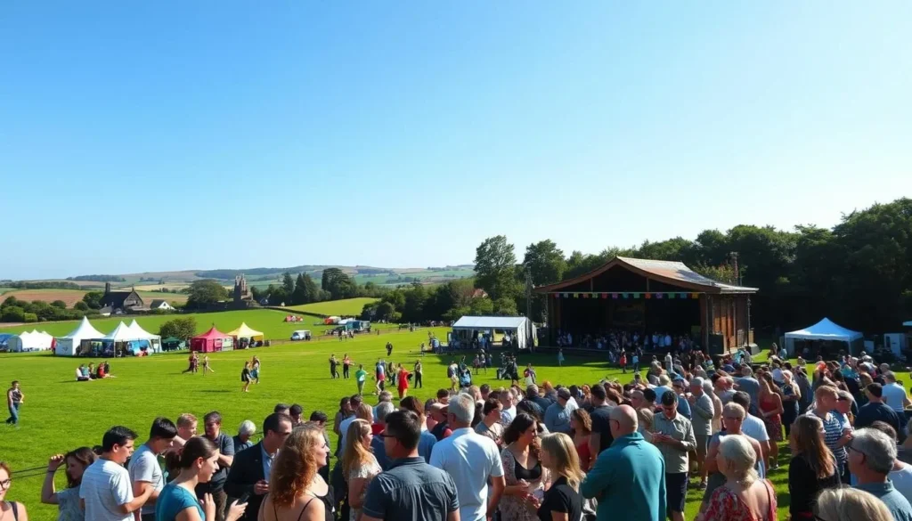 Lush, verdant fields dotted with vibrant tents and stages, framed by rolling hills and a clear, azure sky. In the foreground, a crowd of music enthusiasts sway to the rhythmic beats of traditional Irish folk music, their faces alight with joy. The middle ground features a picturesque main stage, its wooden structure and colorful banners creating a warm, inviting atmosphere. In the background, the silhouettes of towering trees and distant landmarks hint at the rich cultural heritage of Leinster, Ireland. Soft, natural lighting bathes the scene, evoking a sense of timelessness and celebration. This is the essence of Leinster's music festivals, a tapestry of heritage, community, and the enduring power of the arts.