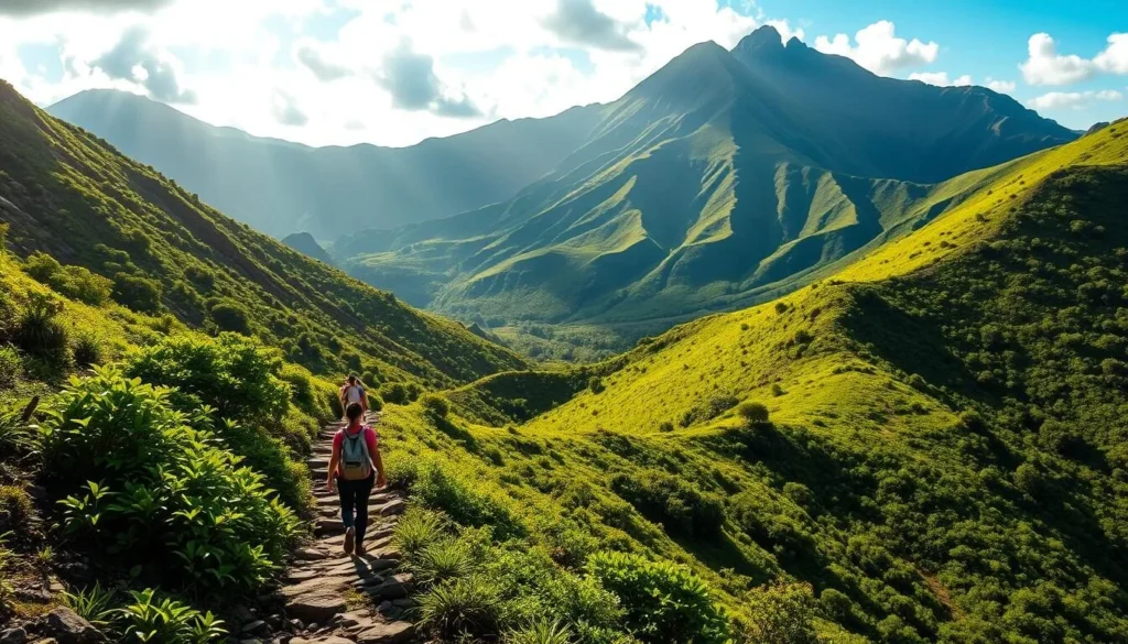 Lush, verdant hiking trails weaving through the rugged hills of Pitcairn Island. Towering volcanic peaks rise in the distance, their slopes cloaked in a tapestry of vibrant greens. Sunlight filters through the canopy of tropical foliage, casting a warm, golden glow across the winding paths. Hikers navigate the trails, their footsteps crunching on the rocky terrain as they take in the breathtaking vistas of the South Pacific. Capture the essence of an adventurous day exploring Pitcairn's natural wonders, with a cinematic, documentary-style aesthetic.