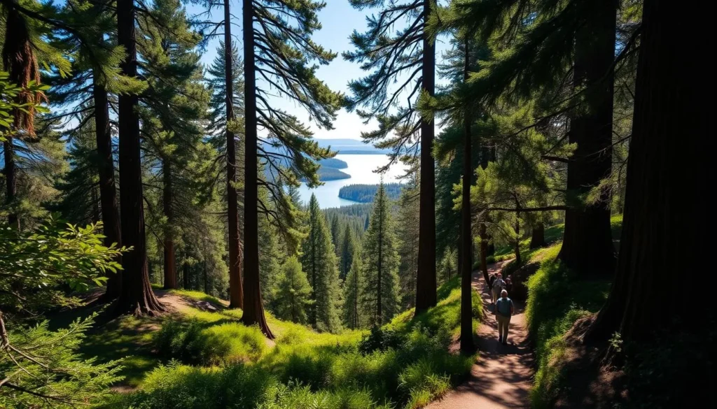 Lush, verdant hiking trails winding through a picturesque California landscape. Towering redwood trees cast dappled shadows on the path below, as hikers traverse the serene, well-maintained trails. Sunlight filters through the canopy, illuminating the rich, earthy tones of the surrounding foliage. In the distance, glimpses of a tranquil lake shimmer, inviting exploration. The scene exudes a sense of peaceful adventure, perfectly capturing the essence of an ideal day spent hiking and exploring the natural beauty of Vasona Lake.