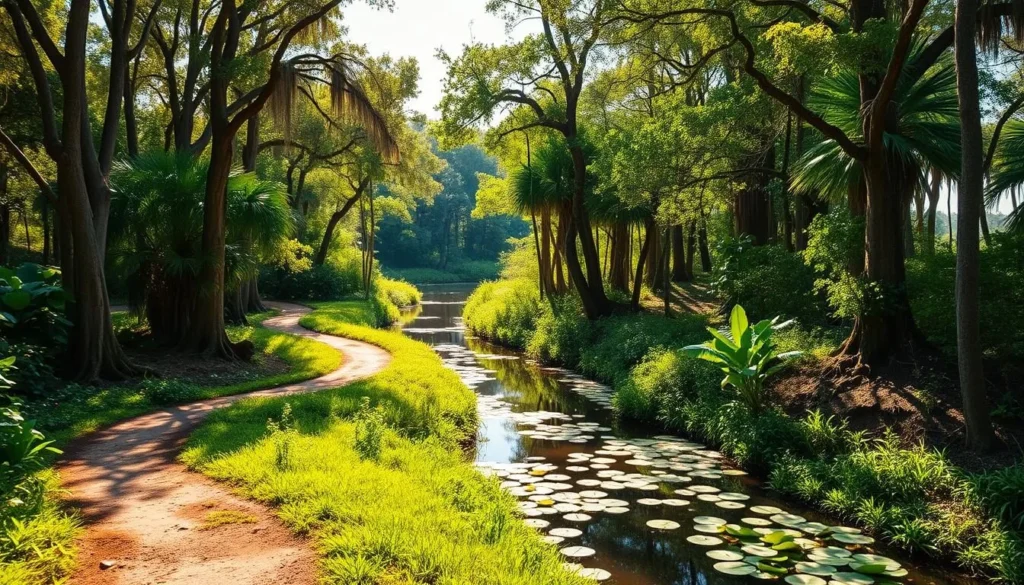 Lush, verdant hiking trails winding through the serene Everglades landscape. Sunlight filters through the dense canopy of towering cypress trees, casting a warm, golden glow. The trail meanders alongside tranquil waterways, where lily pads float atop still pools. Vibrant, tropical foliage lines the path, hinting at the diverse wildlife that inhabits this unique ecosystem. In the distance, the shadowy silhouettes of mangrove swamps and sawgrass marshes create a sense of depth and exploration. This is a scene of natural beauty, inviting hikers to immerse themselves in the captivating world of the Everglades.