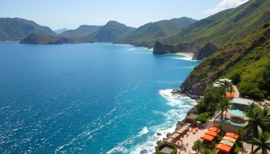 Lush, verdant hills framing the sparkling turquoise waters of Acapulco Bay, where the Pacific Ocean meets the rugged Mexican coastline. Capture the iconic Quebrada Cliff Divers gracefully plunging into the swirling currents below, their colorful diving boards set against a backdrop of swaying palm trees and sun-dappled beaches. Showcase the bustling seaside promenade, with lively beachfront restaurants, vibrant umbrellas, and sunbathers enjoying the warm tropical breeze. Utilize a wide-angle lens to convey the grandeur and scope of this picturesque bay, the "Pearl of the Pacific," in all its natural splendor.