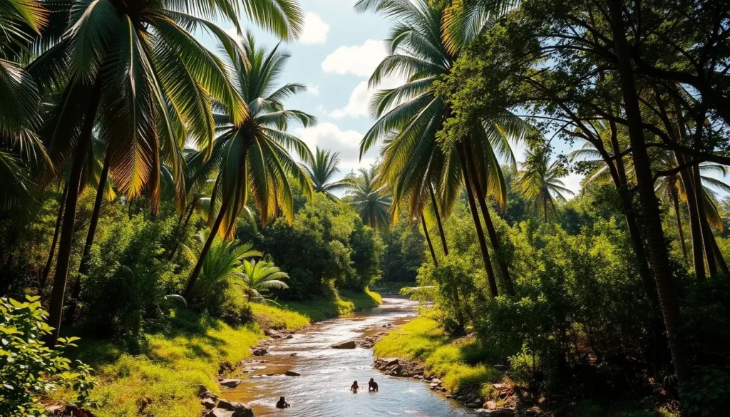 Lush, verdant landscape of Abomey-Calavi, Benin, bathed in warm, golden sunlight. Towering palm trees sway gently in a light breeze, their fronds casting dappled shadows on the forest floor below. A meandering stream cuts through the scene, its crystal-clear waters reflecting the vibrant foliage and azure sky. In the distance, a family of chimpanzees plays among the branches, their playful antics a delightful sight to behold. The air is filled with the chirping of exotic birds and the buzz of countless insects, creating a peaceful, harmonious symphony of nature. This idyllic, serene setting invites exploration and appreciation of the remarkable biodiversity of the region.