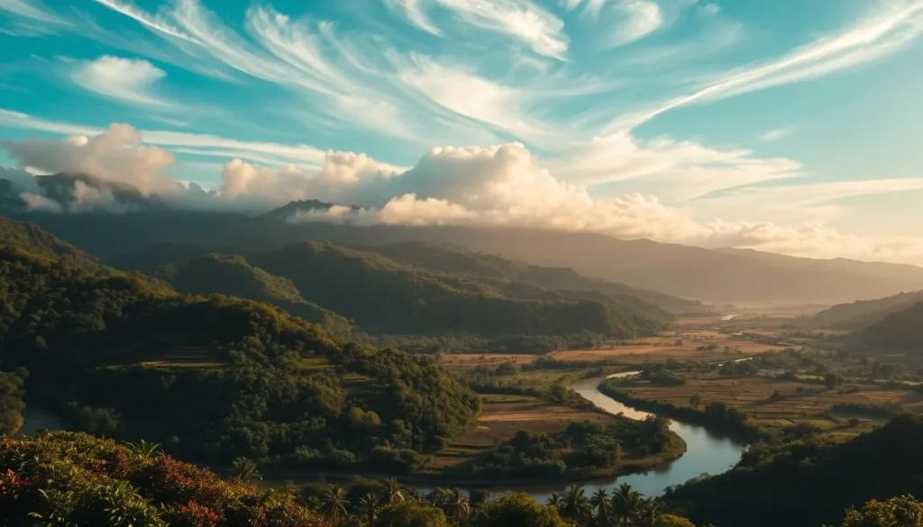 Lush, verdant landscapes of Wallis and Futuna, dotted with vibrant foliage. Wispy, ethereal clouds drift across a serene azure sky, casting delicate shadows upon the land below. Gentle raindrops patter against the rich, earthy tones of the soil, nourishing the thriving vegetation. In the foreground, a winding river cuts through the landscape, its reflective surface mirroring the surrounding natural beauty. Warm, diffused lighting illuminates the scene, creating a sense of tranquility and harmony. Capture the essence of this weather-dependent paradise, where the rhythm of rainfall shapes the land and the experiences of travelers.