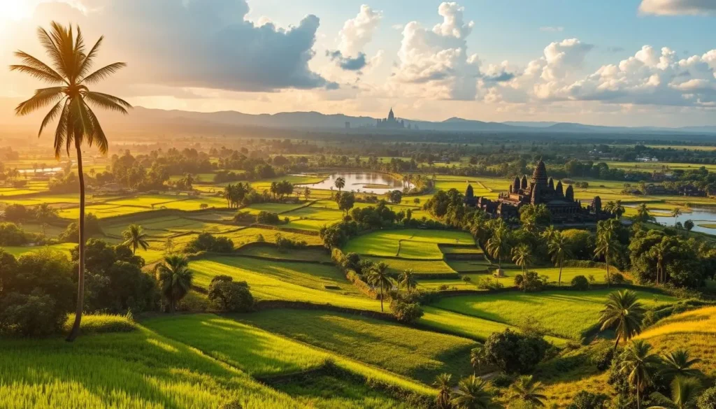 Lush, verdant landscapes stretch across the rolling hills of Cambodia, where a tropical monsoon climate shapes the rhythm of the seasons. In the foreground, a patchwork of vibrant rice paddies shimmer in the warm, golden sunlight, their emerald hues punctuated by the graceful silhouettes of swaying palm trees. The middle ground reveals serene lakes and meandering rivers, their tranquil waters reflecting the fluffy, cumulus clouds drifting overhead. In the distance, the majestic Angkor Wat temple complex stands sentinel, its ancient towers and spires bathed in a soft, hazy light that evokes the timeless essence of this enchanting land. The overall scene conveys a sense of harmony and balance, reflecting the ebb and flow of Cambodia's dynamic climate patterns.